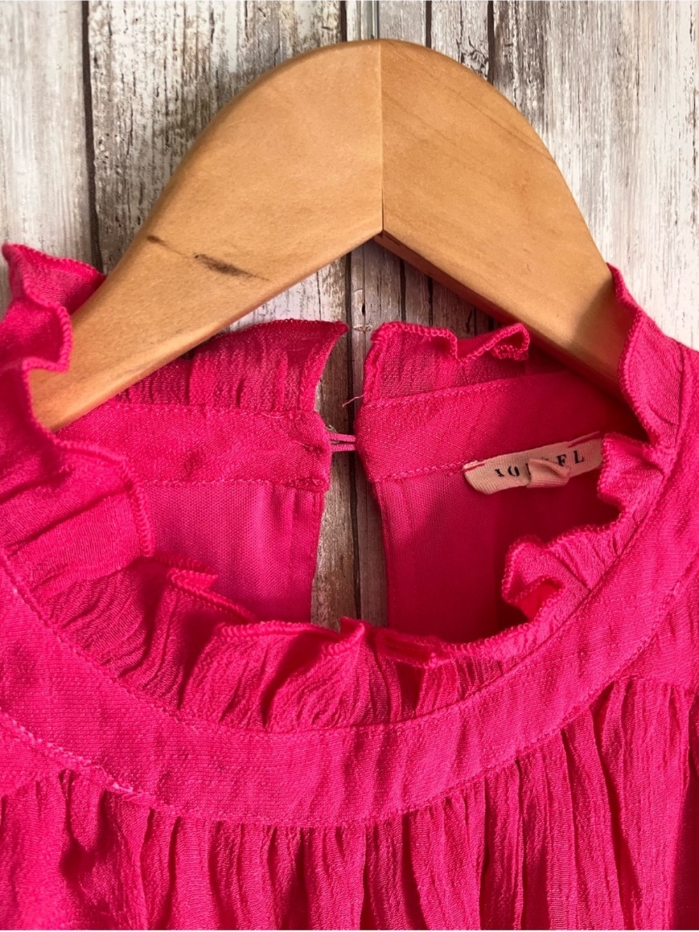 Jodifl Fuchsia Ruffle Neck Blouse Balloon Sleeve Top Large Boho Boutique - Picture 4 of 6